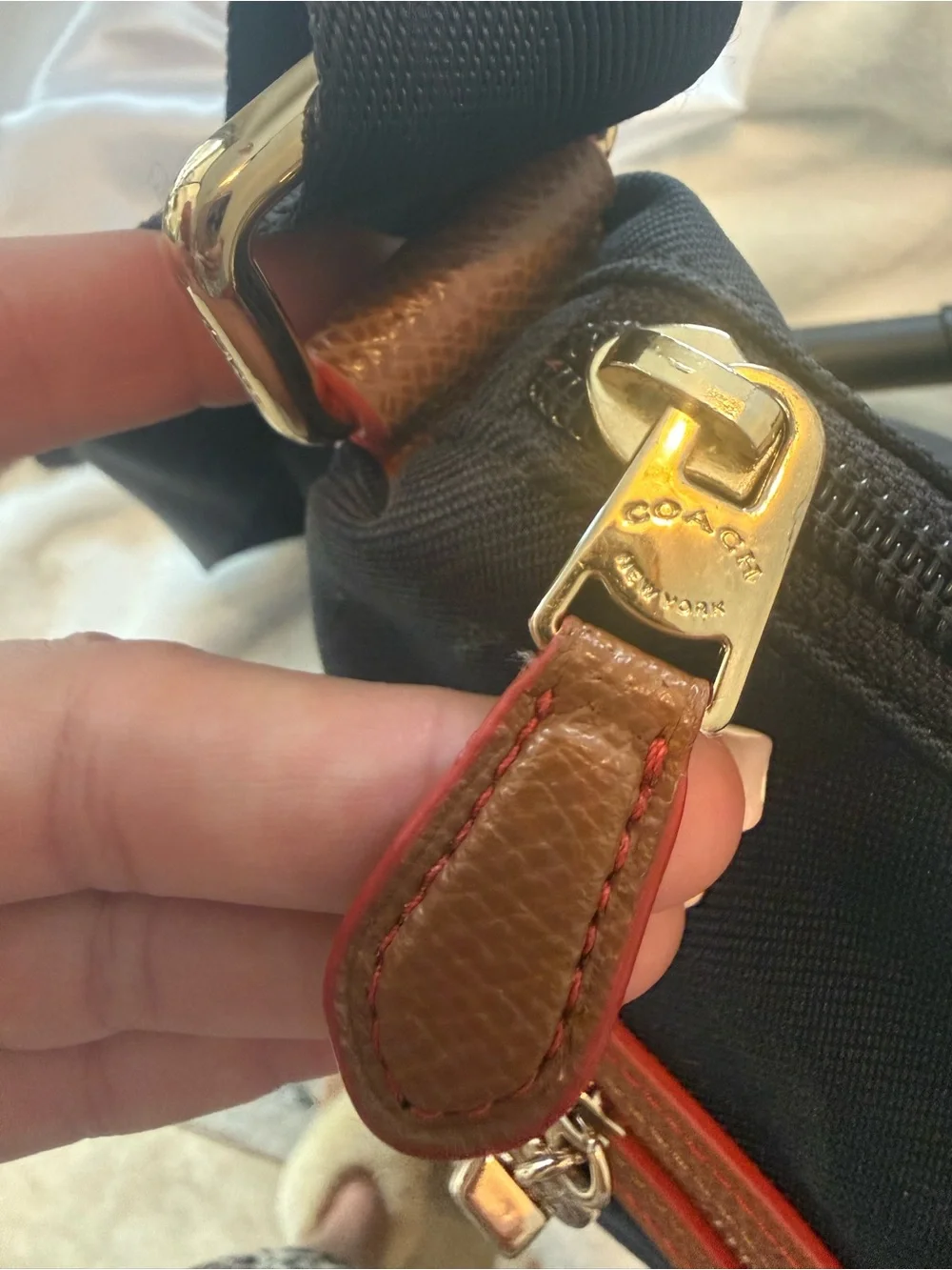 COACH Sawyer Navy Nylon Crossbody Bag with Tan leather Trim and red accents